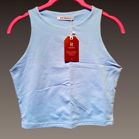 NWT REORIA Sky Blue High Neck Racerback Cropped Tank Top Sz Small - Picture 2 of 3